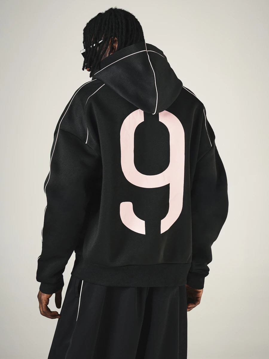 SUMWON Oversized Pullover Hoodie With Large Numeric Back Print Contrast Piping Detail Circle Logo Patch And Centre Pocket Fall Winter Streetwear - Black - View 1