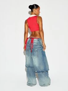SUMWON WOMEN Oversized Baggy Wide Leg Distressed Jeans With Patchwork Detail Low Rise Ripped Denim Pants Festival Summer Street Style - Blue - View 1