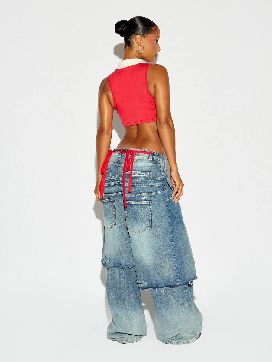 SUMWON WOMEN Oversized Baggy Wide Leg Distressed Jeans With Patchwork Detail Low Rise Ripped Denim Pants Festival Summer Street Style - Blue - View 1