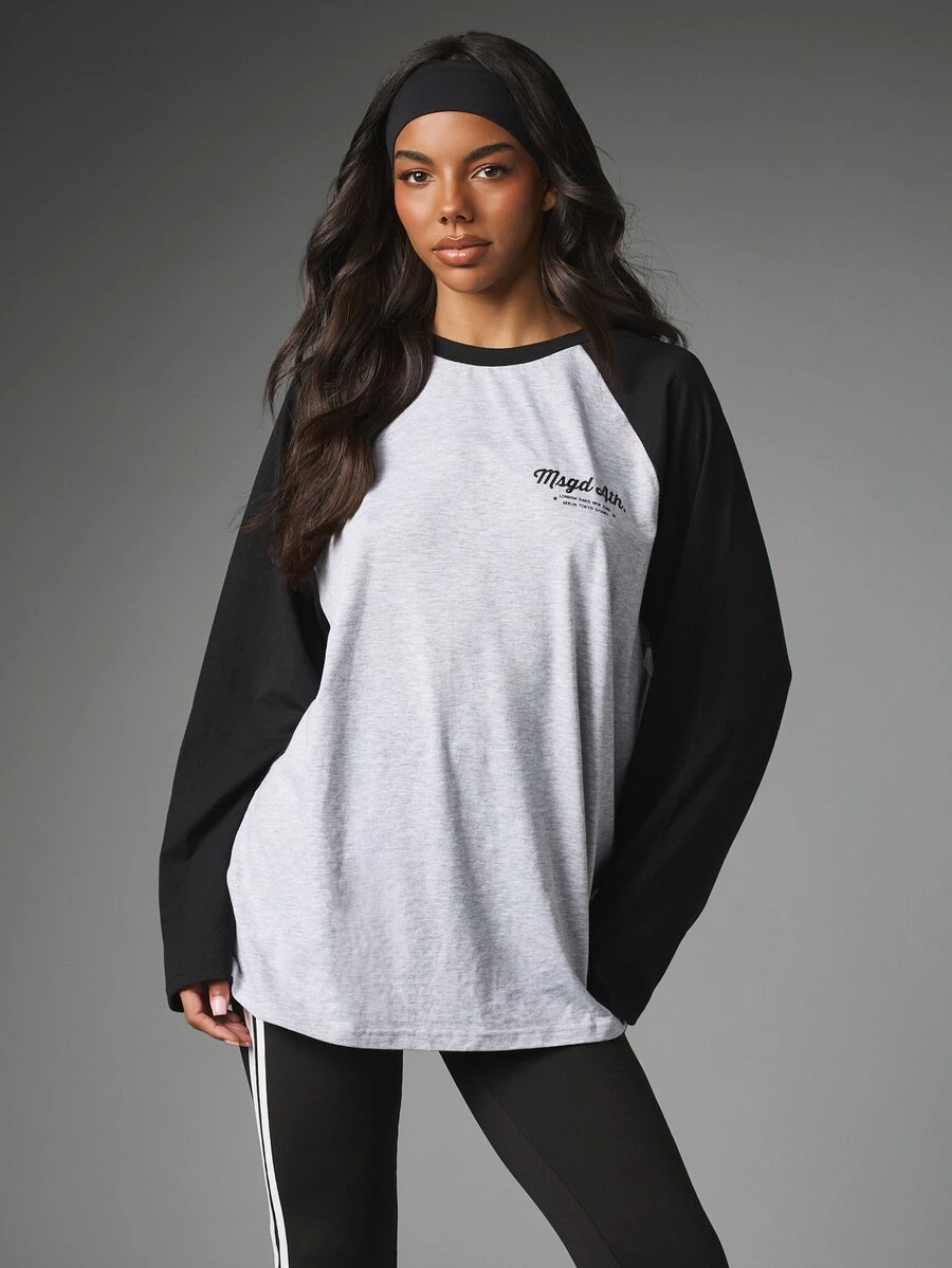 MISSGUIDED Oversized Raglan Long Sleeve Baseball T-Shirt With Crew Neck Contrast Black Sleeves And Chest Logo Print Longline Casual Top - Multicolor - View 1