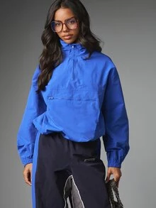 MISSGUIDED Jaket Windbreaker Pullover Setengah Resleting dengan Kerah Tegak, Saku Dada Berresleting, dan Manset Elastis, Potongan Longgar. - Royal Blue - View 5