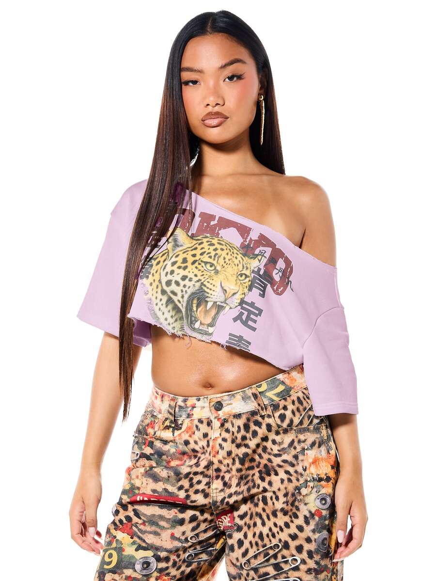 SUMWON WOMEN Oversized Graphic Crop Top Off Shoulder Leopard Print Raw Hem Festival Street Style Summer Concert Tee - Baby Pink - View 1