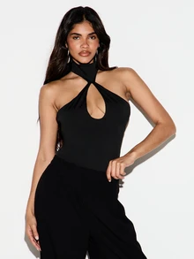 KIZN Bodysuit Model Halter Neck dengan Detail Potongan Lubang Kunci dan Punggung Terbuka, Tanpa Lengan, Atasan Terusan untuk Pesta Malam Hari - Hitam - View 1