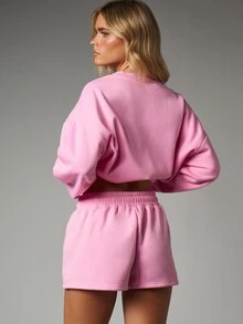 Missguided x Playboy Celana Pendek Mini dengan Logo Bordir, Pinggang Elastis Bertali, Saku Samping, Pakaian Santai Kasual Musim Panas, Bahan Fleece - Berwarna merah muda - View 3