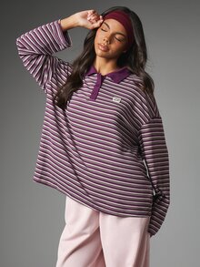 MISSGUIDED Oversized Long Sleeve Striped Polo Top With Collared Neck And Button Placket Casual Longline Jersey Shirt - Multicolor - View 5