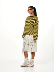 SUMWON WOMEN Striped Long Sleeve Crew Neck Oversized Drop Shoulder Top With Contrast Rib Trim Casual Relaxed Fit Spring Summer Essential - Yellow - View 3