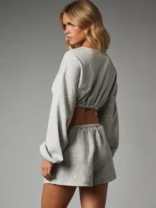 MISSGUIDED Cropped Sweatshirt And Mini Shorts Co-Ord Set With Button Placket Elasticated Waist Puff Sleeves Loungewear Two-Piece - Grey - View 3
