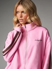 MISSGUIDED Oversized Full Zip Track Top With Contrast Brown Stripe Detail And Embroidered Logo Long Sleeve Casual Jacket - Pink - View 2
