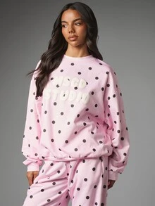 MISSGUIDED Oversized Polka Dot Sweatshirt Crew Neck Long Sleeve Bubble Text Logo Print Casual Pullover Top - Multicolor - View 5