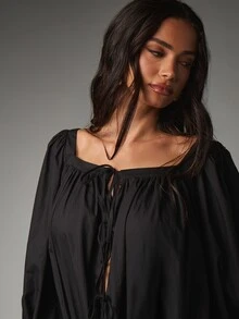 MISSGUIDED Square Neck Puff Sleeve Bodysuit With Tie Front Detail And Ruffle Cuffs, Flowy Gathered Woven Top, Fall Winter Essential - Black - View 5