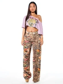 SUMWON WOMEN Oversized Graphic Crop Top Off Shoulder Leopard Print Raw Hem Festival Street Style Summer Concert Tee - Baby Pink - View 5