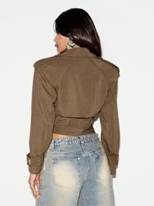 KIZN Jaket Trench Pendek dengan Kerah Berlipat, Gesper Sabuk, dan Detail Epaulette, Lengan Panjang, Model Wrap untuk Musim Gugur dan Musim Dingin - Coklat - View 2