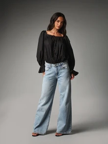 MISSGUIDED Square Neck Puff Sleeve Bodysuit With Tie Front Detail And Ruffle Cuffs, Flowy Gathered Woven Top, Fall Winter Essential - Black - View 3