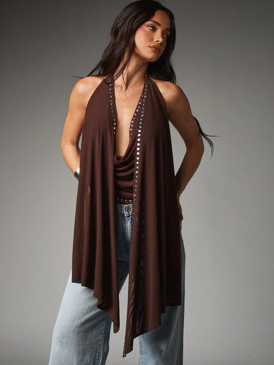 MISSGUIDED Plunge Halter Vest With Silver Metal Eyelet Trim Open Back Tie Draped Longline Festival Summer Top - Coffee Brown - View 1
