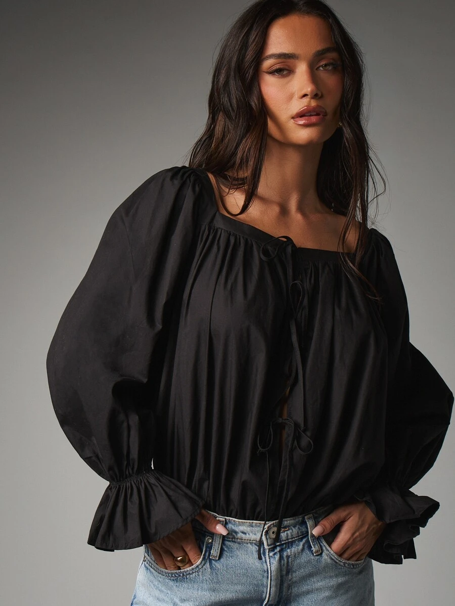 MISSGUIDED Square Neck Puff Sleeve Bodysuit With Tie Front Detail And Ruffle Cuffs, Flowy Gathered Woven Top, Fall Winter Essential - Black - View 1