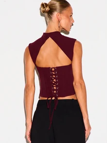 KIZN Mandarin Collar Corset Crop Top With Chinese Frog Button Cut Out Detail And Lace Up Back Closure Party Night Out - Burgundy - View 3