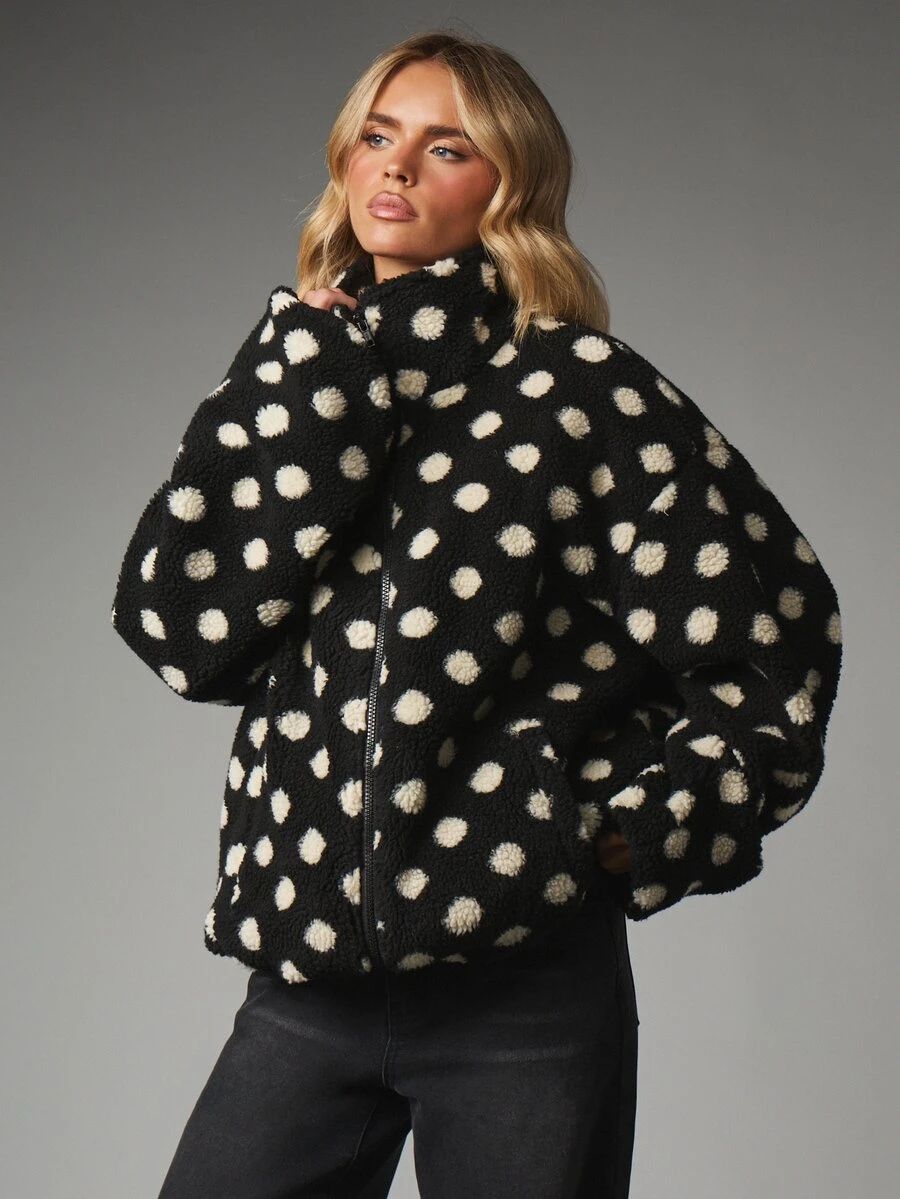 MISSGUIDED Oversized Polka Dot Sherpa Zip-Up Jacket With Stand Collar Fluffy Fleece Winter Coat Cozy Teddy Style Outerwear - Multicolor - View 1