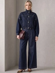 Rouah Women Funnel Neck Rinse Denim Jacket - AW26, FW26, FW26 Denim, Raw Denim Jacket, Dark Denim Jacket, Winter Denim, Premium Denim Jacket, Premium Jacket, Matching Jean Available, Denim Co-Ords - Blue - View 4