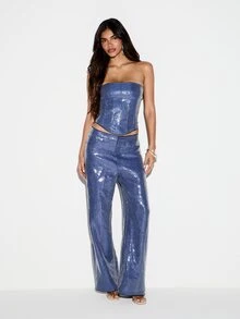 KIZN Crop Top Korset Berpayet Tanpa Tali dengan Resleting Belakang dan Penyangga Terstruktur, Cocok untuk Pesta Malam Hari, Liburan, dan Acara Glamor Meriah - Biru - View 3