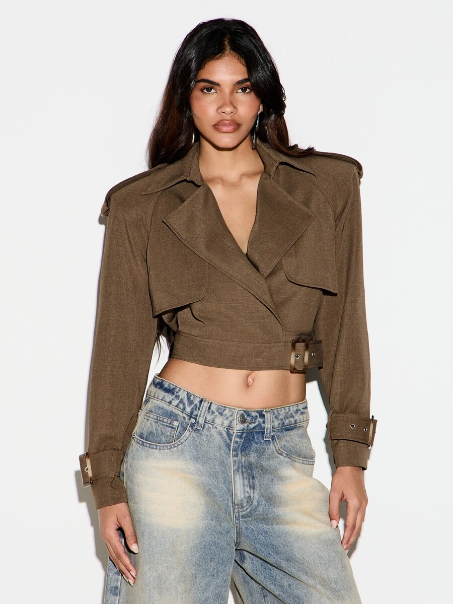 KIZN Jaket Trench Pendek dengan Kerah Berlipat, Gesper Sabuk, dan Detail Epaulette, Lengan Panjang, Model Wrap untuk Musim Gugur dan Musim Dingin - Coklat - View 1