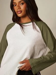 MISSGUIDED Long Sleeve Raglan Baseball T-Shirt With Contrast Colour Block Sleeves Round Neck Oversized Casual Everyday Top - Khaki - View 7