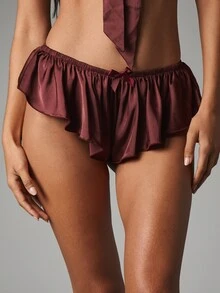 MISSGUIDED Satin Tie-Front Crop Bralette And Ruffle Hem Mini Shorts Co-Ord Set Sleeveless V-Neck Lingerie Two-Piece - Brown - View 5