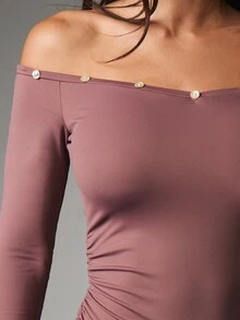 MISSGUIDED Off-Shoulder Long Sleeve Mini Dress With Pearl Button Trim Ruched Waist And Fit And Flare Silhouette Perfect For Date Night Party - Purple - View 6
