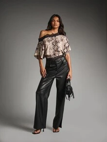 MISSGUIDED Snake Print Off-Shoulder Crop Blouse With Black Lace Trim Batwing Sleeves Satin Finish Party Night Out Summer Top - Multicolor - View 3