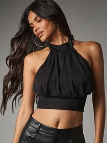 MISSGUIDED Ruched Halter Neck Crop Top With Open Back Tie Detail And Flowing Chiffon Fabric Perfect For Party Night Out - Black - View 2