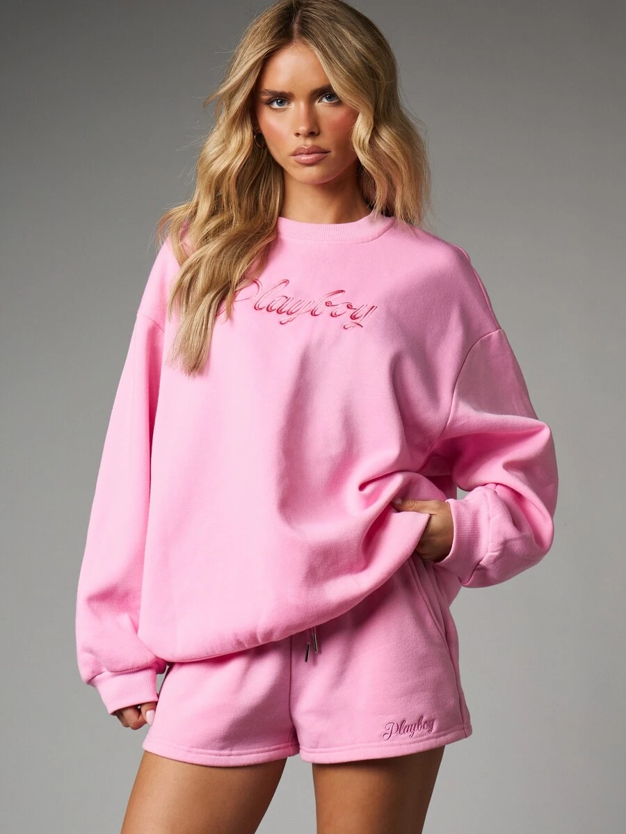 Missguided x Playboy Oversized Crew Neck Sweatshirt With Embroidered Script Logo Cozy Casual Pullover Top - Pink - View 1