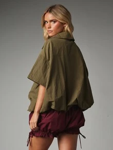 MISSGUIDED Oversized Half-Zip Nylon Jacket With Stand Collar And Dual Patch Pockets Relaxed Fit Spring Summer Outerwear - Army Green - View 2