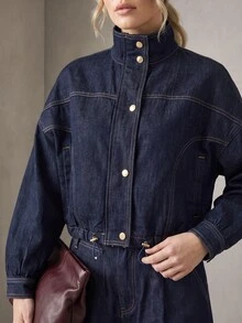 Rouah Women Funnel Neck Rinse Denim Jacket - AW26, FW26, FW26 Denim, Raw Denim Jacket, Dark Denim Jacket, Winter Denim, Premium Denim Jacket, Premium Jacket, Matching Jean Available, Denim Co-Ords - Blue - View 5