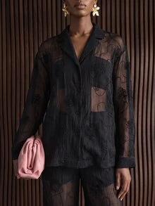 Rouah Women's Solid Color Single-Breasted Lace Mesh Long Sleeve Top And Pants Set - Autumn Set, Fall 2 Piece Set, 2 Piece Autumn Set, Lined Set, Vacay Set, Winter Sun Set, Long Sleeve Top For Fall, Fall Outfit - Black - View 4