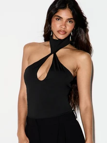 KIZN Bodysuit Model Halter Neck dengan Detail Potongan Lubang Kunci dan Punggung Terbuka, Tanpa Lengan, Atasan Terusan untuk Pesta Malam Hari - Hitam - View 4
