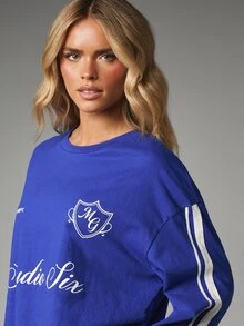 MISSGUIDED Oversized Long Sleeve Crew Neck Tee With Varsity Stripe Sleeves And Six Sheild Graphic Print - Blue - View 2