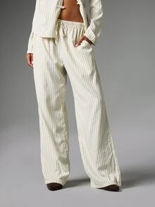 MISSGUIDED Pinstripe Wide Leg Casual Pants With Elasticated Drawstring Waist Full Length Side Pockets Spring Summer Office Style - White - View 1