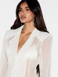 KIZN Sheer Organza Single Button Blazer Jacket With Lapel Collar Welt Pockets Long Sleeves Hip Length Semi-Transparent Summer Evening Outerwear - White - View 2