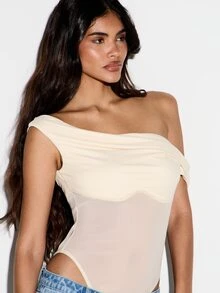 KIZN Bodysuit jala satu bahu dengan detail leher berkerut dan kawat penyangga, sempurna untuk acara malam dan pesta musim panas. - Aprikot - View 4