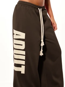 SUMWON WOMEN Wide Leg Sweatpants With Bold Vertical Content Graphic Print, Low Rise Drawstring Waist, Oversized Relaxed Fit, Floor Length - Brown - View 4
