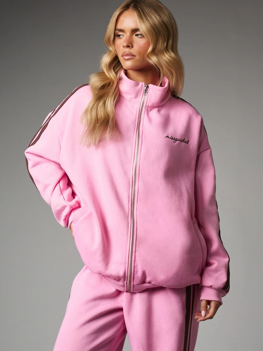 MISSGUIDED Oversized Full Zip Track Top With Contrast Brown Stripe Detail And Embroidered Logo Long Sleeve Casual Jacket - Pink - View 1