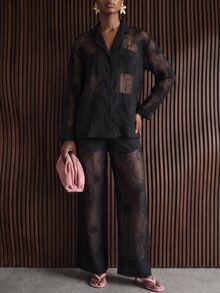 Rouah Women's Solid Color Single-Breasted Lace Mesh Long Sleeve Top And Pants Set - Autumn Set, Fall 2 Piece Set, 2 Piece Autumn Set, Lined Set, Vacay Set, Winter Sun Set, Long Sleeve Top For Fall, Fall Outfit - Black - View 6