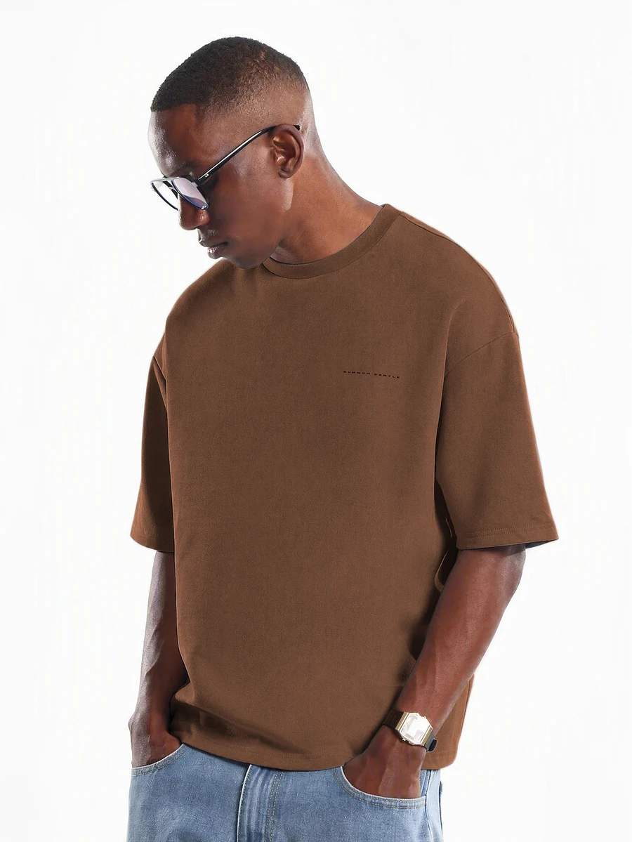 SUMWON Regular Oversized Drop Shoulder Crew Neck T-Shirt With Minimal Logo Print Relaxed Fit Boxy Tee For Everyday Casual Wear - Chocolate Brown - View 1