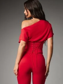 MISSGUIDED Off-Shoulder Corset Crop Top With Lace-Up Back Detail Batwing Short Sleeve Structured Boning Panel Valentine Date Night - Burgundy - View 2