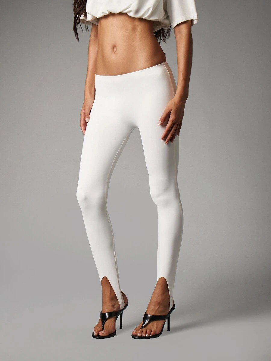 MISSGUIDED Legging Low Rise Stirrup dengan Belahan Depan di Bagian Bawah, Celana Panjang Ketat Elastis Gaya Musim Semi dan Musim Panas untuk Festival - Putih - View 1