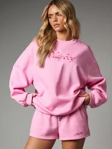 Missguided x Playboy Oversized Crew Neck Sweatshirt With Embroidered Script Logo Cozy Casual Pullover Top - Pink - View 5