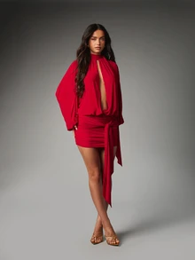 MISSGUIDED Batwing Long Sleeve Mini Dress With High Neck Cut-Out Front Ruched Skirt And Tie Waist Detail Party Evening Holiday - Burgundy - View 4