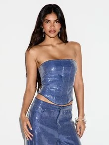 KIZN Crop Top Korset Berpayet Tanpa Tali dengan Resleting Belakang dan Penyangga Terstruktur, Cocok untuk Pesta Malam Hari, Liburan, dan Acara Glamor Meriah - Biru - View 1