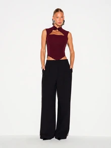 KIZN Mandarin Collar Corset Crop Top With Chinese Frog Button Cut Out Detail And Lace Up Back Closure Party Night Out - Burgundy - View 4