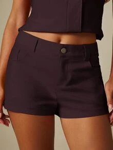 MISSGUIDED High-Waist Mini Shorts With Button Closure Belt Loops And Side Pockets Tailored Fit Summer Holiday Party Bottoms - Brown - View 2
