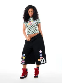 SUMWON WOMEN Polka Dot Slim Fit Tee Crop Top With Retro Sticker Graphic Print Crew Neck Short Sleeve Fitted Midriff Top Summer Festival - Teal Blue - View 3